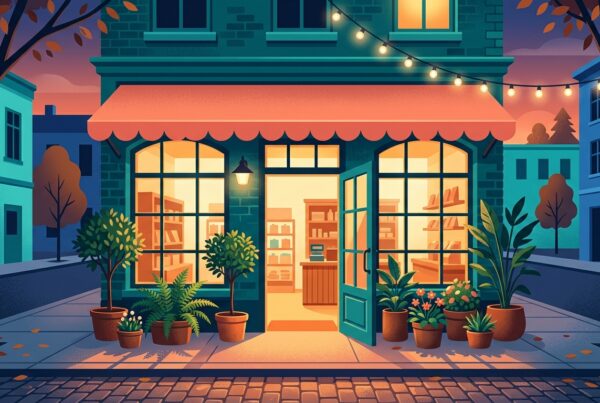 Warm neighborhood shop front at dusk with an open door and light spilling onto the sidewalk