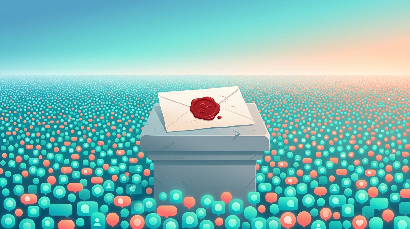 A single sealed handwritten letter on a stone plinth rising above a vast sea of tiny identical notification bubbles, symbolizing scarce effortful marketing above frictionless noise