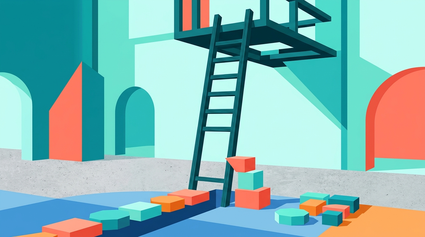 Illustration of a ladder with missing bottom rungs and blocks being stacked beneath it